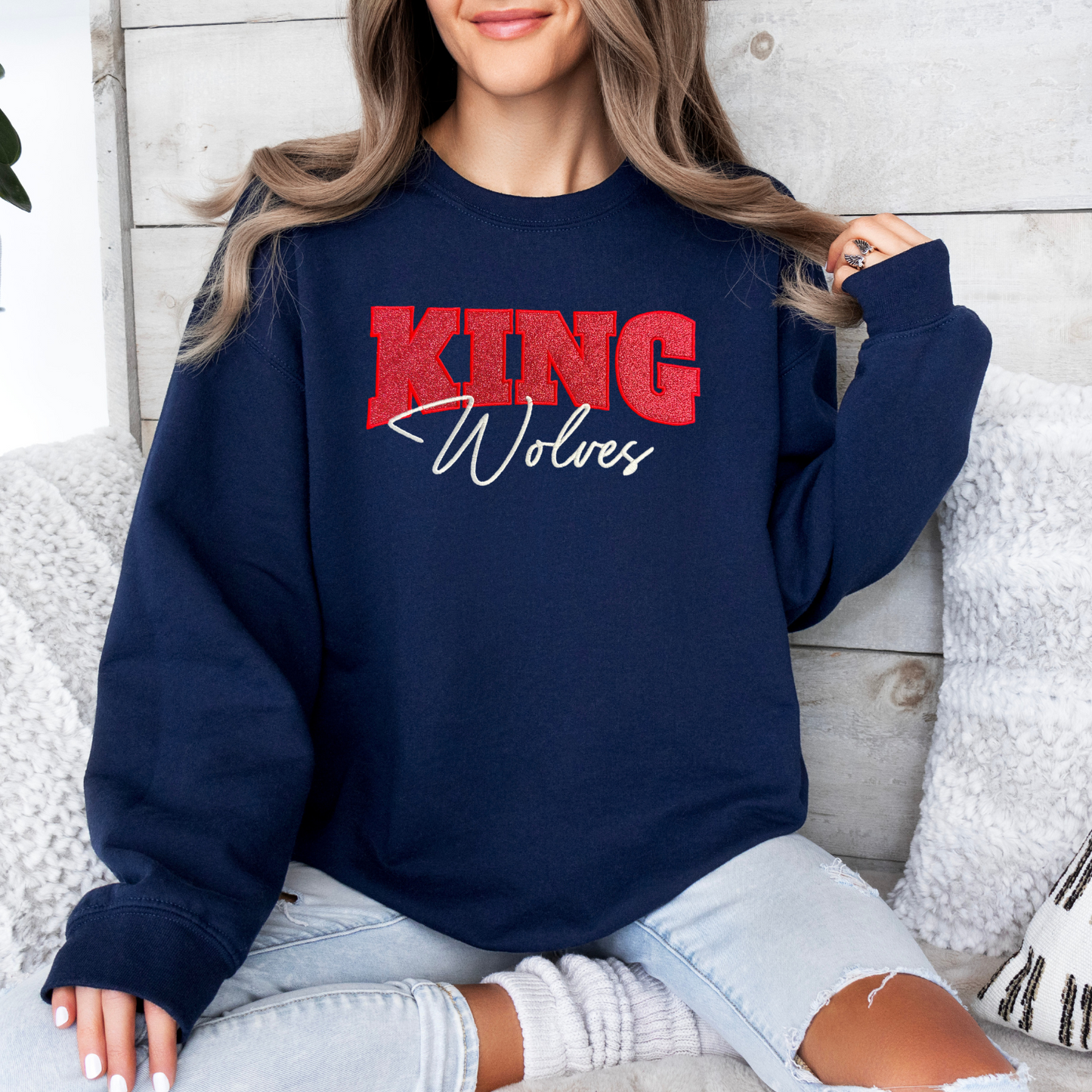 MLK King Wolves Glitter Embroidery Crew Sweatshirt